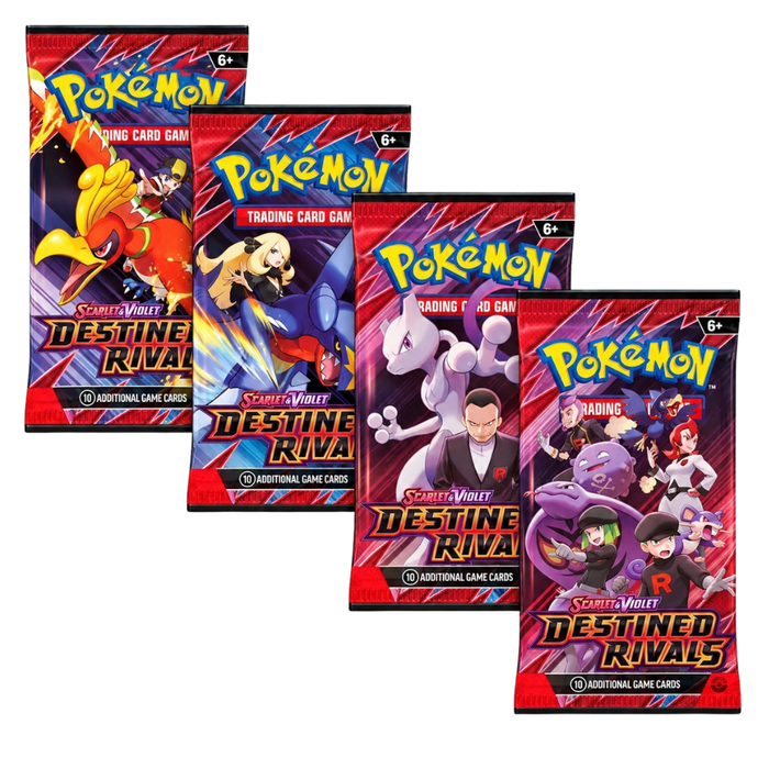 Vier artworkvarianten van Pokémon Destined Rivals booster packs – Engels