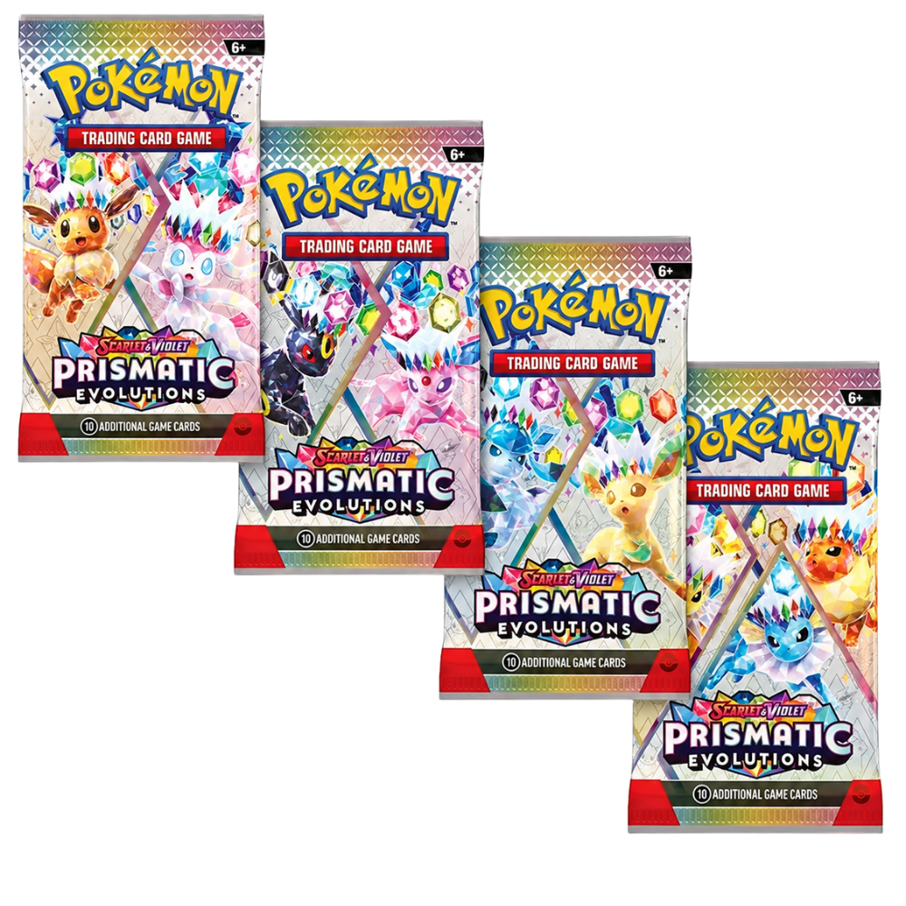 Vier artworkvarianten van Prismatic Evolutions booster packs – Pokémon Engels