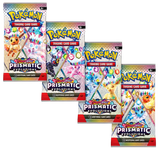 Vier artworkvarianten van Prismatic Evolutions booster packs – Pokémon Engels