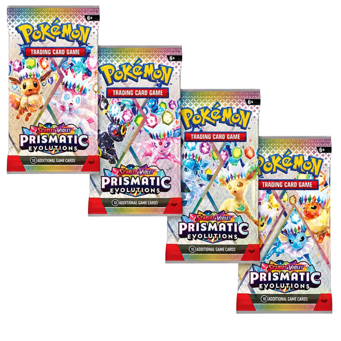 Vier artworkvarianten van Prismatic Evolutions booster packs – Pokémon Engels