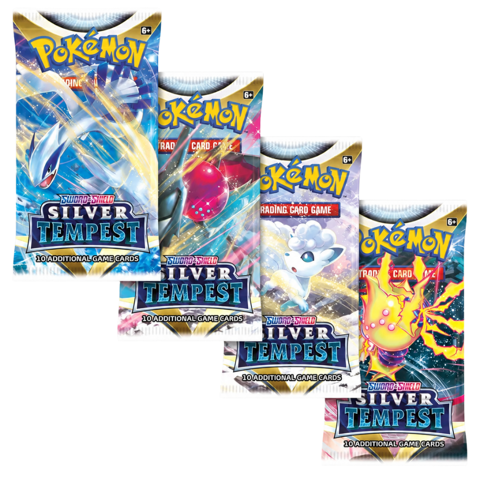Silver Tempest booster packs – overzicht van vier Engelstalige artworkvarianten