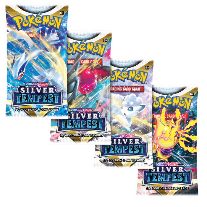 Silver Tempest booster packs – overzicht van vier Engelstalige artworkvarianten